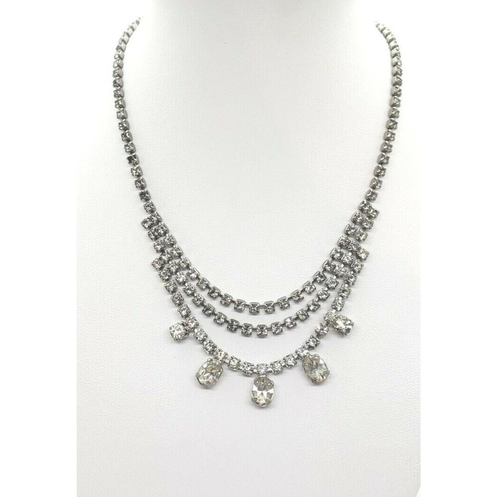 Vintage Rhinestone Drop Necklace Silver 3 Tiered Dangle Bride Prom Art Deco